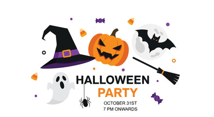 Fototapeta premium Spooky Halloween Party Invitation with Witch Hat, Pumpkin, Bat, Broom, and Ghost - October 31st Event