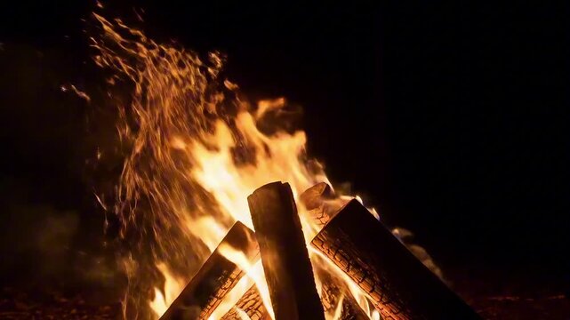Intense campfire illuminates the deep darkness, with vivid, dancing flames and glowing embers radiating comforting warmth and a captivating primal energy for serene outdoor moments