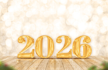 2026 happy new year number (3d rendering) on wood table with sparkling gold bokeh wall,leave space for display of product for promotion on christmas and new year holiday
