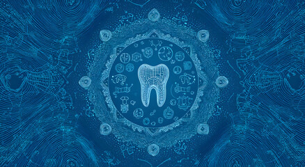 Single tooth surrounded by intricate patterns represents dental health and wellness in a calming blue color palette, creating a sense of tranquility and care.