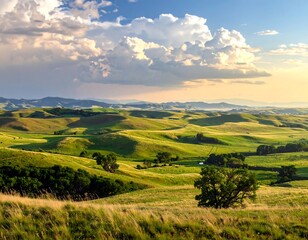 Naklejka premium A picturesque landscape of rolling hills and meadows bathed in the golden light of a serene sunset.