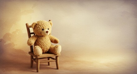Plush teddy bear sitting on a wooden chair against a vintage textured background with a copy space
