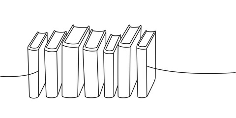 Minimalist contour of seven books in a row connected by a flowing line on white background