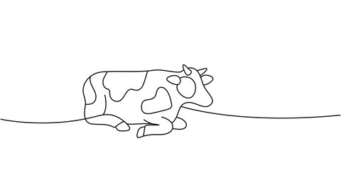 Cow lying on pasture. Minimal continuous line vector art for modern farm branding and natural themes