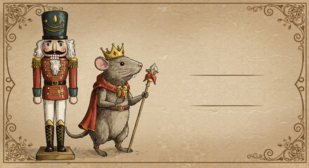 Nutcracker and crowned mouse holding scepter on vintage background  