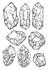 Hand drawn black and white line art crystals illustration with rough geometric facets and bold outlines, abstract mineral design for print, textile, wallpaper or decorative projects.