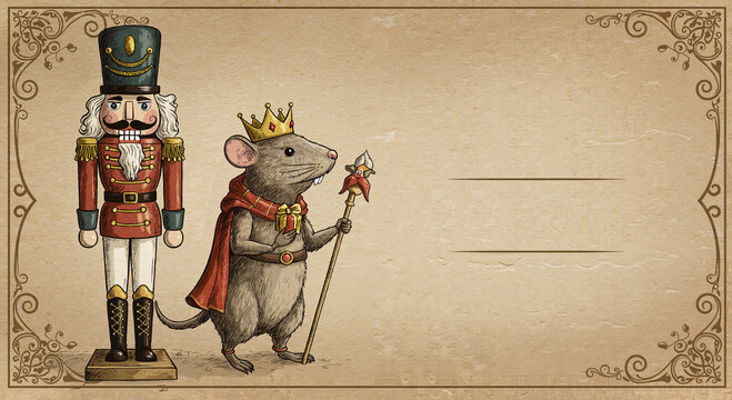 Nutcracker and crowned mouse holding scepter on vintage background  