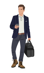 Business man in smart casual clothes, standing full-length, holding a duffle bag and smartphone. Vector illustration isolated on transparent background, ideal for business and lifestyle designs