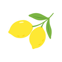 Two bright yellow lemons hanging on a branch with green leaves in flat vector style