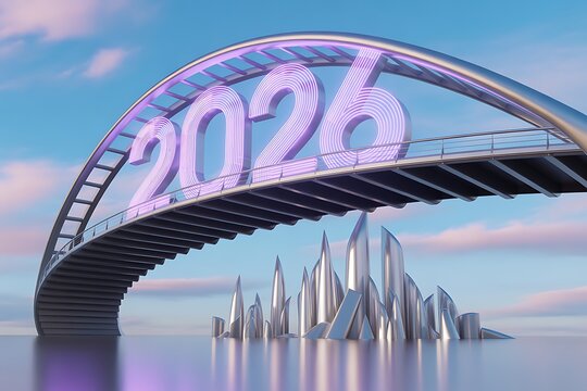 Looking forward to a bright future in 2026 with a skyline bridge and a promising horizon, embracing innovation and progress for a successful new year ahead