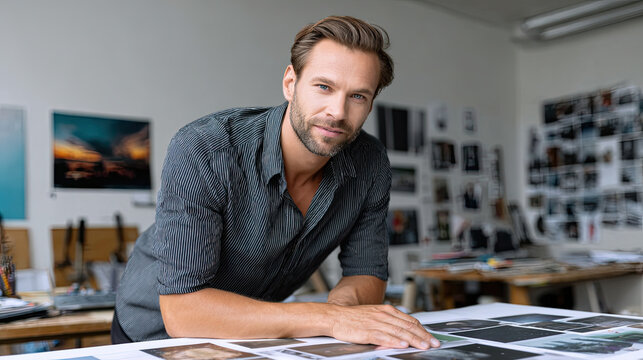 Confident man leaning on table with photography prints in creative studio, focused and thoughtful expression - Powered by Adobe
