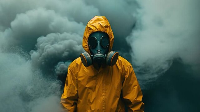 A person wearing a gas mask and yellow safety vest, ready for hazardous situation