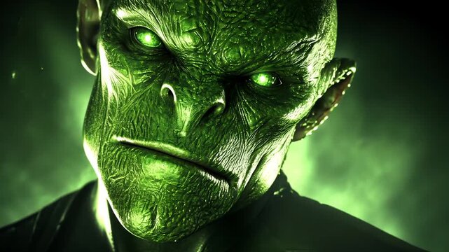 A menacing green alien with glowing eyes stares intensely forward against a dark, cosmic background with a powerful, mysterious emerald light source.