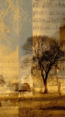 An abstract image juxtaposes a sepia-toned landscape with a vertical segment of aged musical notation, creating a layered effect of nature and music