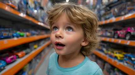 Curious child with blue eyes and blonde hair looking amazed in toy store aisle filled with colorful toy cars
