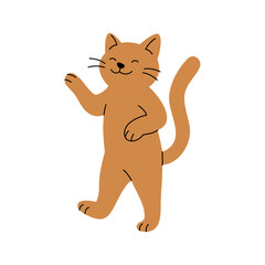 Cartoon orange cat standing on hind legs waving. Flat vector illustration of playful pet animal