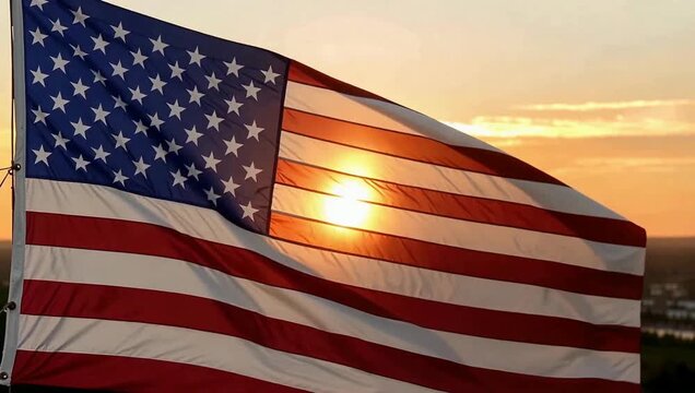 The American flag waving gracefully in the breeze with the golden sun setting in the background, a symbol of freedom and patriotism