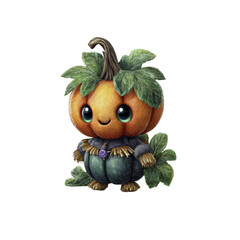 Whimsical cute anthropomorphic pumpkin character with large green eyes and leafy accents