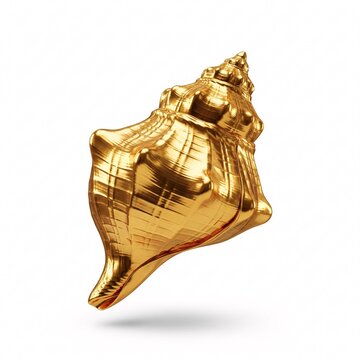 A golden seashell with a glossy surface and a spiral shape,