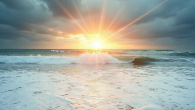 Overcast sky on rainy day with foamy waves rolling towards golden sand beach under low warm sun light. Nobody. Abstract nautical summer ocean sunset nature. Weather and climate change
