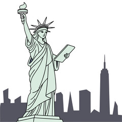 Vector art of statue of liberty with new york city skyline a symbol of freedom and democracy vector illustration of the iconic american landmark in a minimalist style