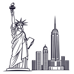 Vector art of statue of liberty and new york city skyline, a minimalist vector illustration capturing the iconic landmark and cityscape with clean lines and modern design