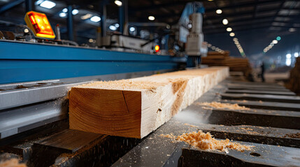 Woodworking machine cutting large wooden beam with sawdust flying in spacious industrial workshop with focused lighting