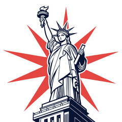 Illustration of the statue of liberty holding a torch, standing tall against a vibrant red starburst background, a powerful symbol of freedom and hope
