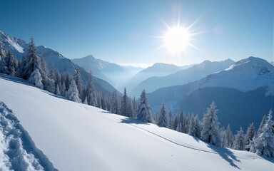 Snowy Mountain Landscape Under a Bright Winter Sun. High quality