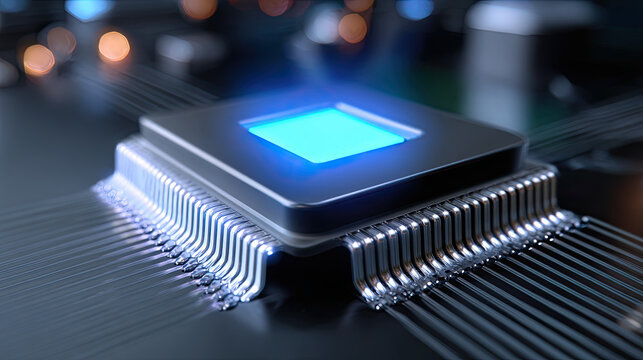 Microchip with glowing blue core and metallic pins connected to circuit board, technology concept with futuristic lighting