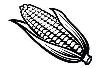 Corn Cob with Husks in Black and White Outline Against White Background