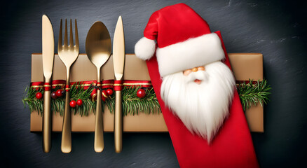 Christmas table setting with cutlery, golden plate, and red napkin, suitable for holiday dinner cards or festive social media banners

