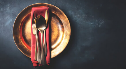 Christmas table setting with cutlery, golden plate, and red napkin, suitable for holiday dinner cards or festive social media banners
