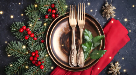Christmas table setting with cutlery, golden plate, and red napkin, suitable for holiday dinner cards or festive social media banners
