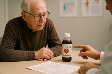 Elderly man consulting a doctor about a health-support beverage, attentively listening during a discussion in a clinical setting.