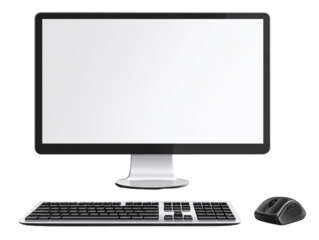 Modern desktop computer with blank screen keyboard and mouse isolated on white background