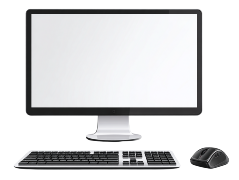 Modern desktop computer with blank screen keyboard and mouse isolated on white background