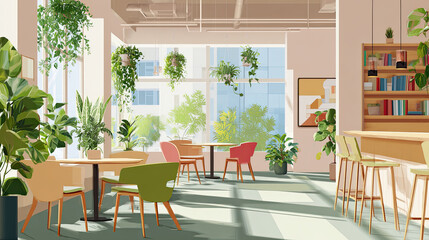 Obraz premium Modern cafe interior with colorful chairs and abundant green plants creating bright and inviting atmosphere