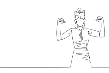 Single continuous line drawing a woman in casual clothes wearing a crown and pointing at herself with both thumbs. High self esteem. Success. Reward Yourself Day. One line design vector illustration