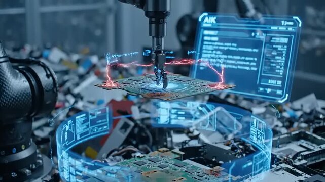 Futuristic Robotic Arm Performing Precision Repair on Circuit Board with AI Holographic Interface