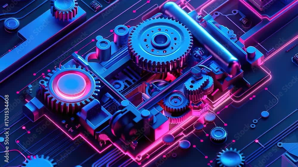 Poster detailed view of a computer motherboard with moving gears