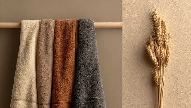 Four soft textiles in earthy tones hang on a wooden rod against a muted brown backdrop; beside it, dried wheat stalks rest on a beige surface