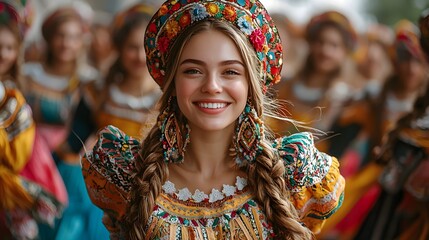 Fototapeta premium A young woman with braided hair wearing a colorful ornate traditional costume and headdress smiles joyfully during a festive celeb n