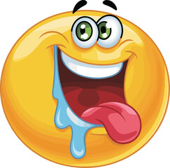 Funny drooling emoji with big smile, crazy expression, cartoon character face, silly joyful reaction emotion, flat vector illustration