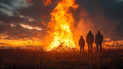 Fototapeta premium Silhouettes of people watch a large vibrant bonfire blaze in a field at dusk under a dramatic sky