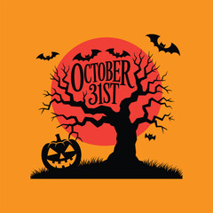 Halloween October 31st Design with Haunted Tree, Bats, and Pumpkin