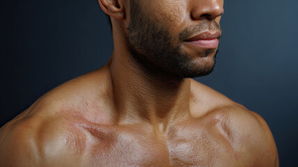Naklejka premium Scarred muscular male chest and shoulder with beard and dark skin tone against dark background showing strength and resilience