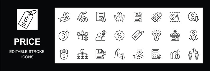  Price icons set, featuring budget calculator, expensive, cost, price down, list price, shopping insight, special offers, estimate, low price, retail, Editable stroke. Vector illustration