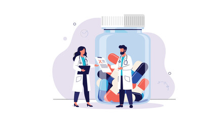 Medical professionals analyzing pharmaceutical research and development for new drug discovery