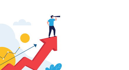 Businessman standing on red arrow looking through telescope at future business growth opportunities and financial market trends